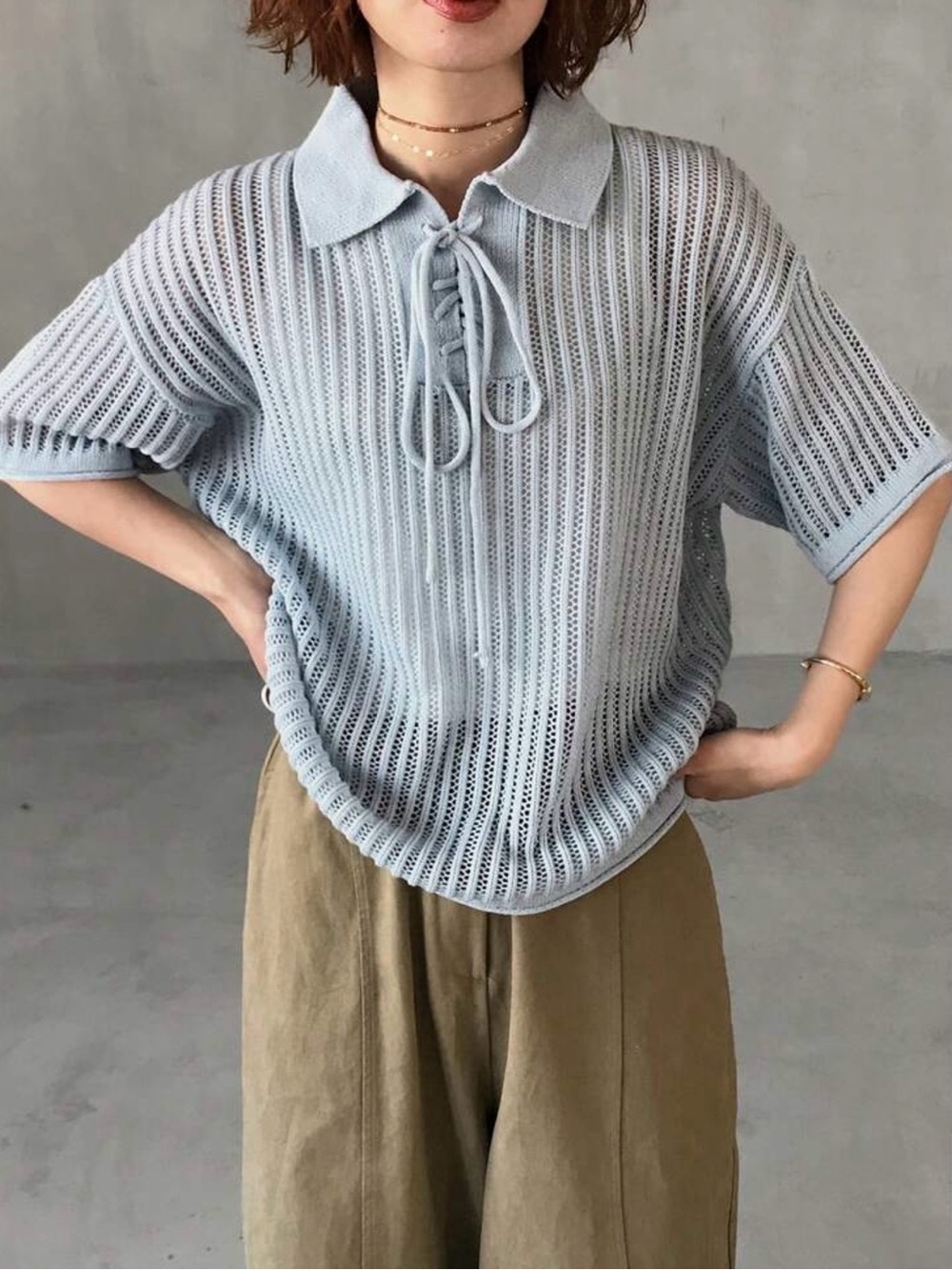Light Blue Open-Knit Polo Tie-Front Top